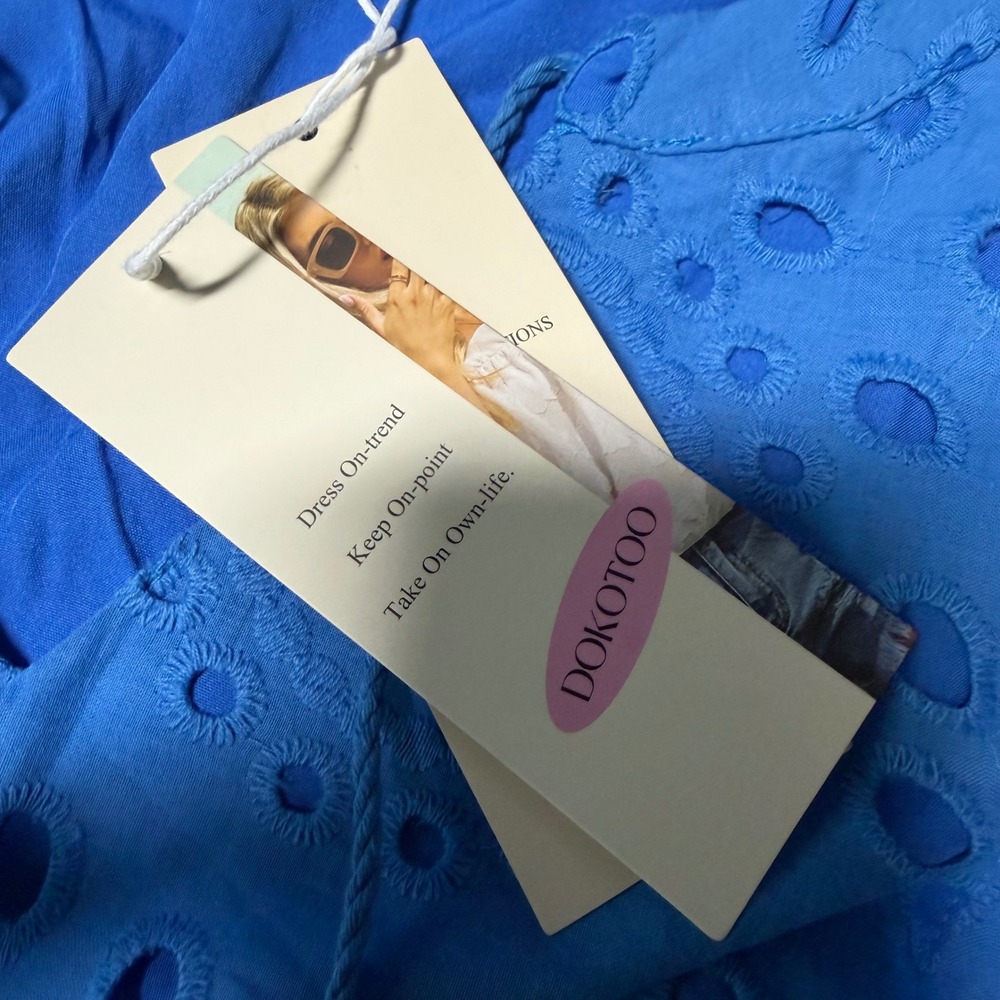 Dokotoo Dress Cotton Eyelet Tassel Tie Long Sleeve Babydoll Boho Mini Blue M - Picture 6 of 8